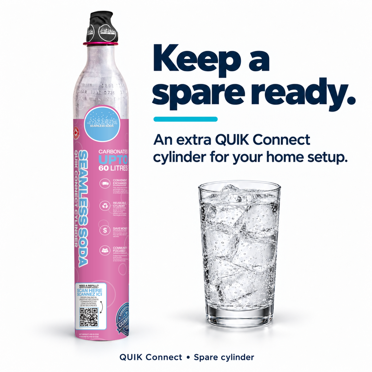 Seamless Soda QUIK spare cylinder benefits with the new pink sleeve and black top