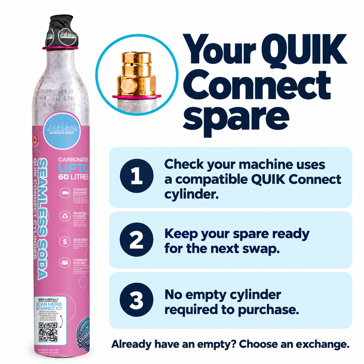 Seamless Soda QUIK spare cylinder connection guide with the new pink sleeve and black top
