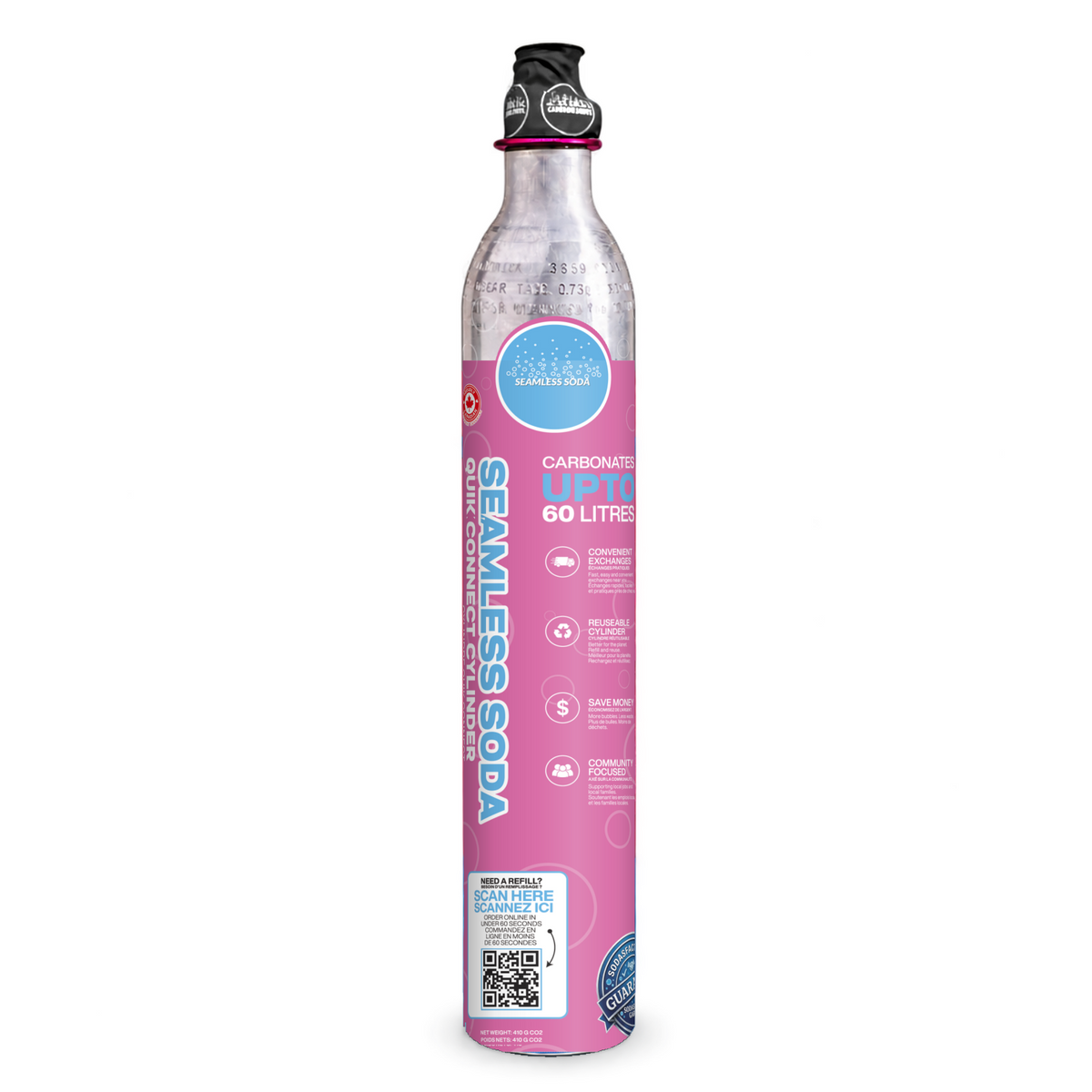 QUIK Connect spare cylinder with approved pink Seamless Soda sleeve and black top
