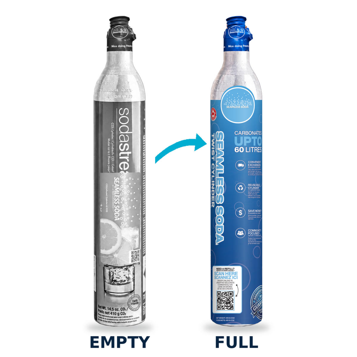 TWIST cylinder exchange: original grey empty cylinder exchanged for a full cylinder with the approved blue Seamless Soda sleeve