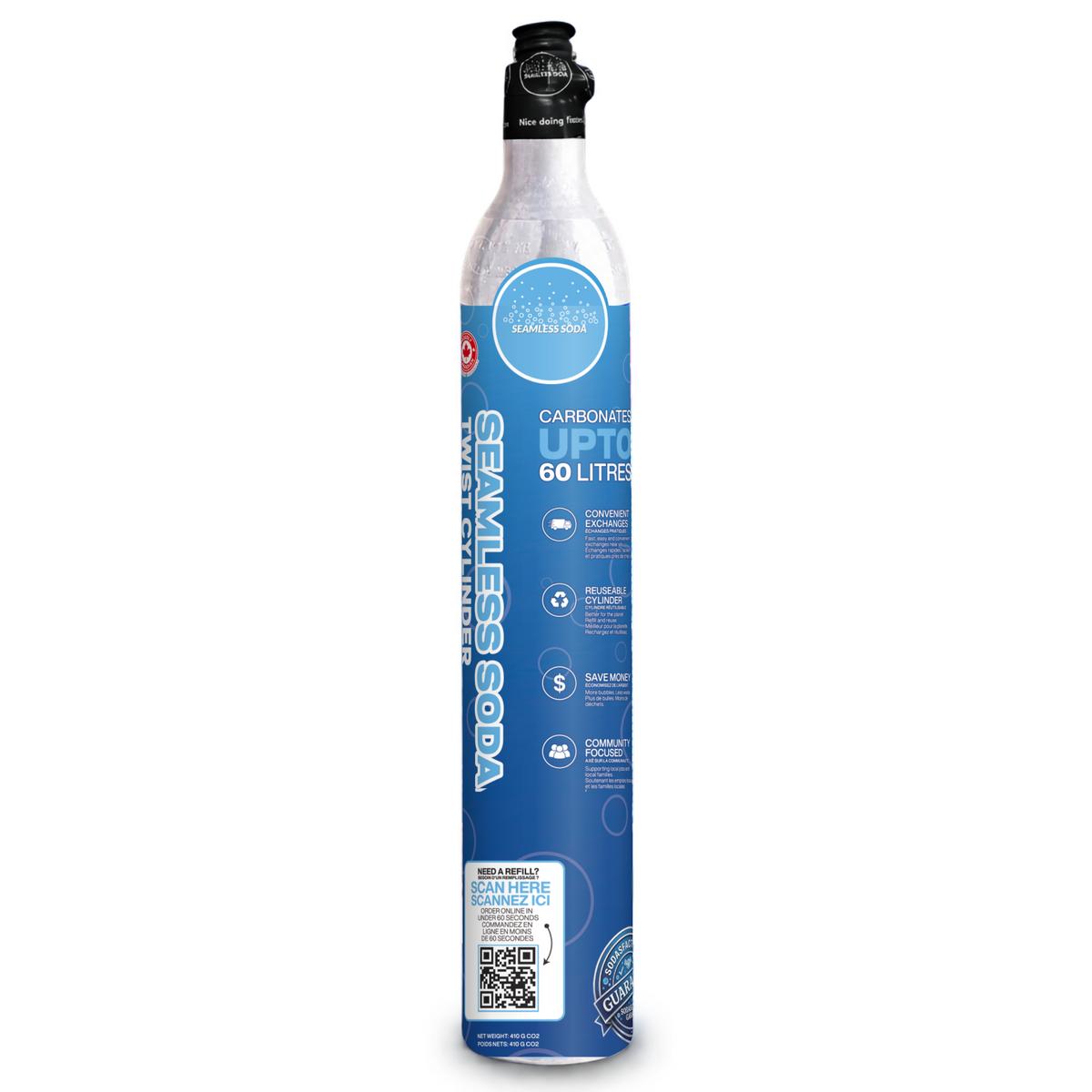 TWIST spare cylinder with approved blue Seamless Soda sleeve and black top