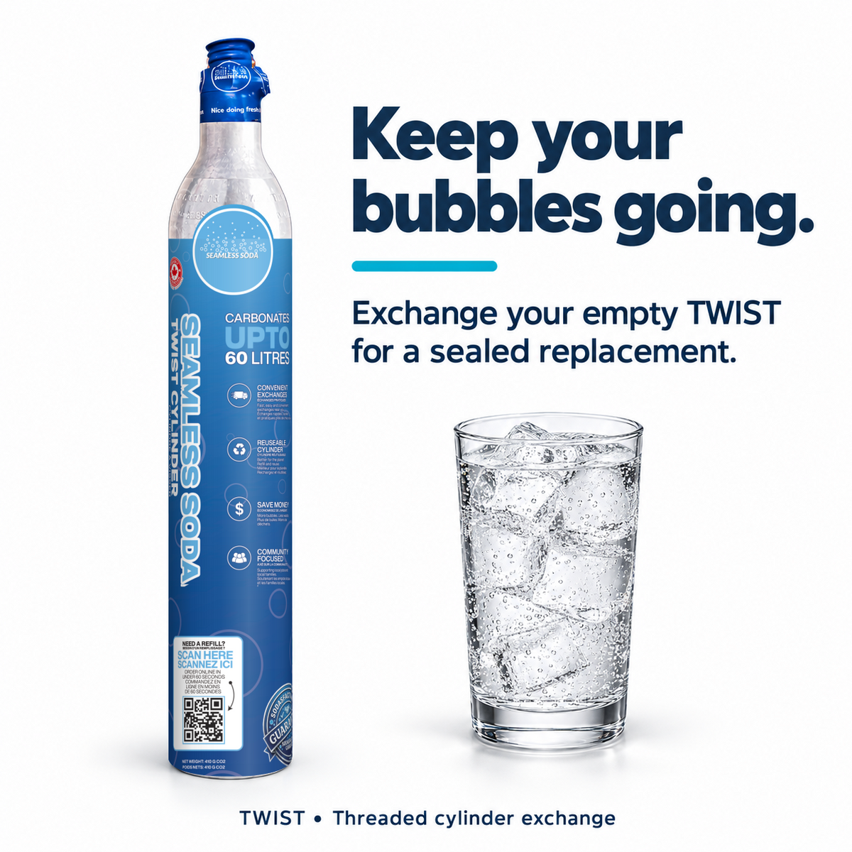 Seamless Soda TWIST exchange cylinder benefits with the new blue sleeve and blue top
