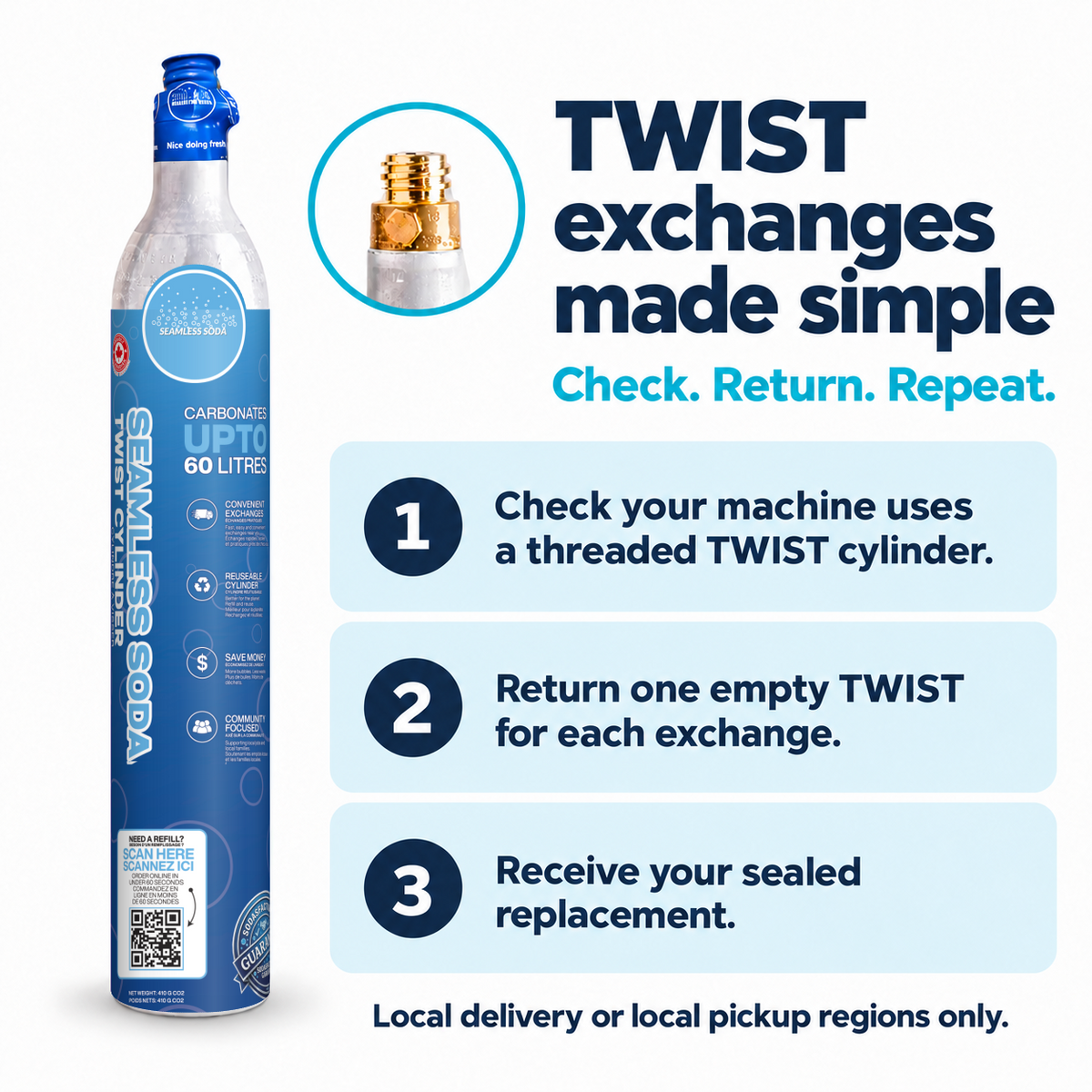 Seamless Soda TWIST exchange cylinder connection guide with the new blue sleeve and blue top
