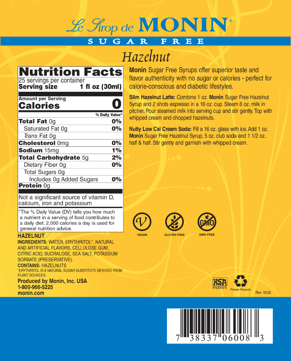 Sugar Free Hazelnut Syrup - 750ML