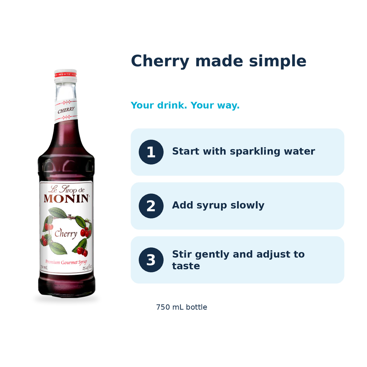 Monin Cherry syrup: start with sparkling water, add syrup slowly, stir gently and adjust to taste
