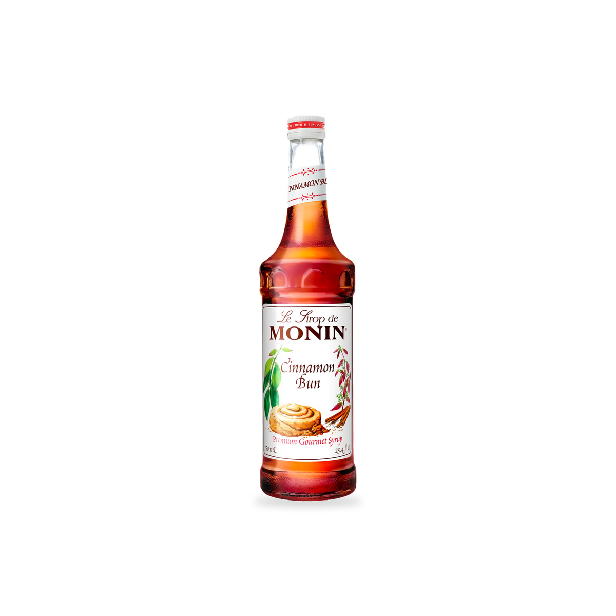 Monin Cinnamon Bun syrup 750 mL bottle on a transparent background with a subtle base shadow