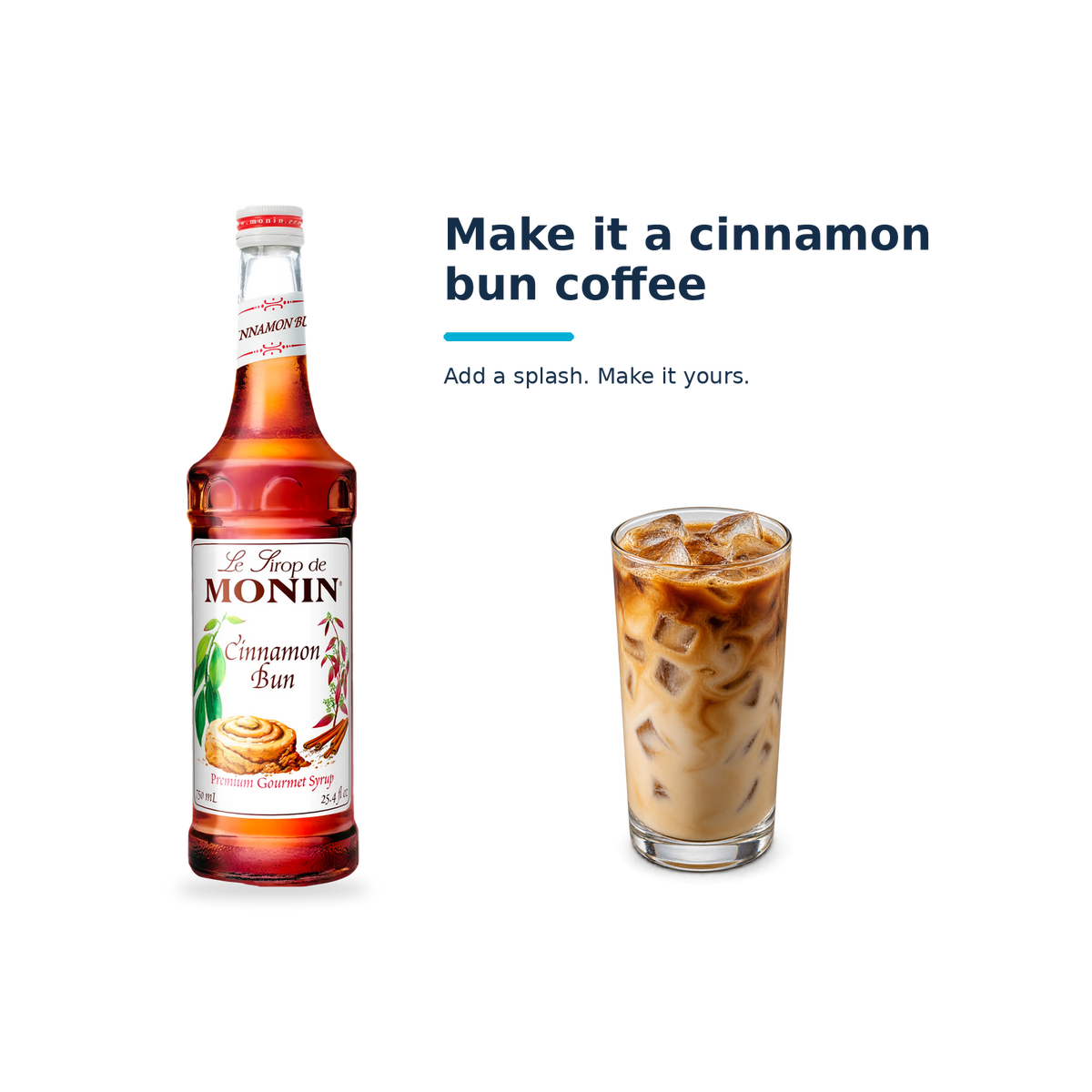 Monin Cinnamon Bun syrup with a serving illustration
