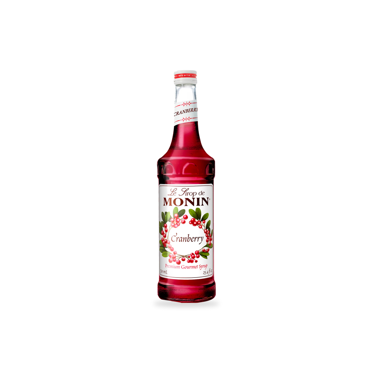 Monin Cranberry syrup 750 mL bottle on a transparent background with a subtle base shadow