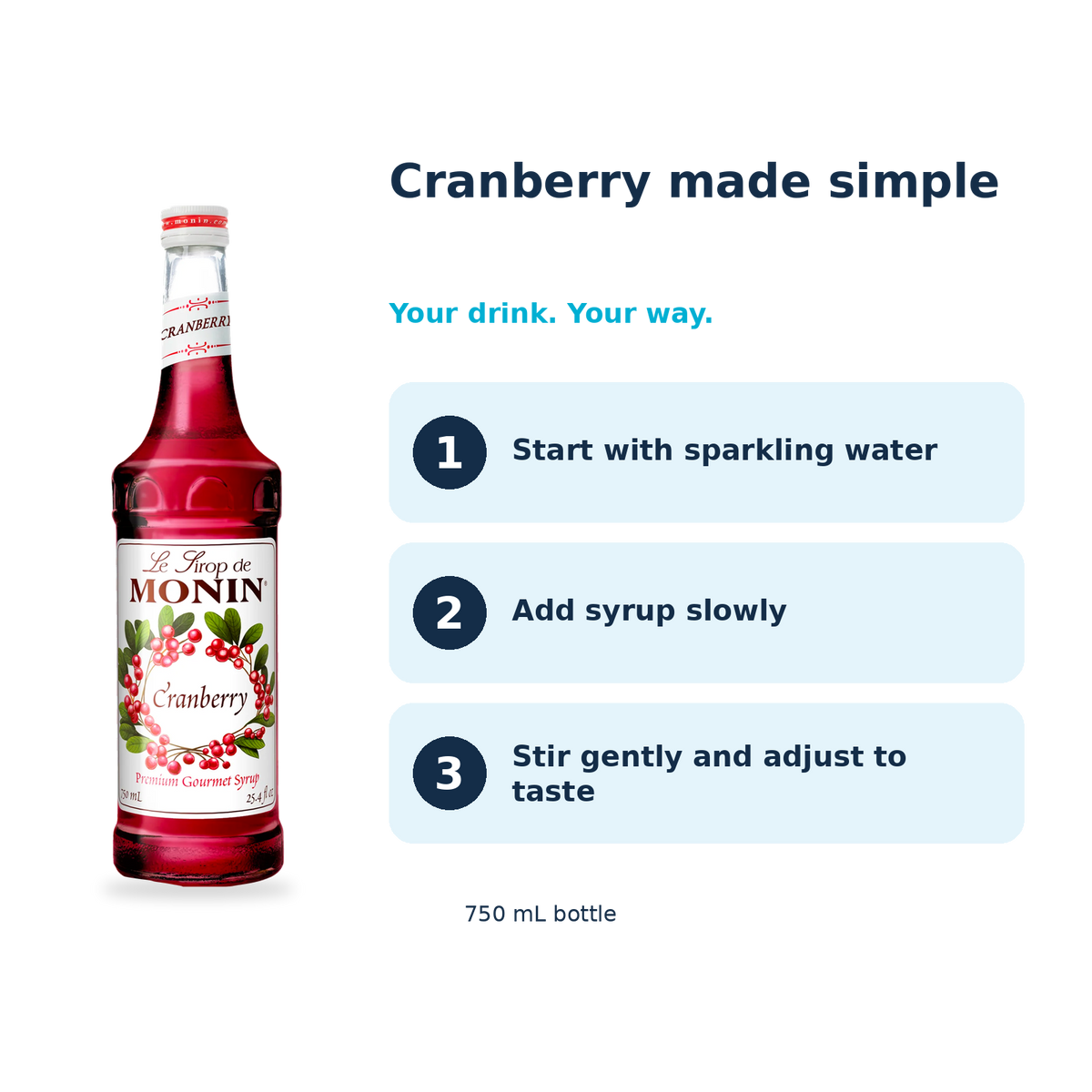 Monin Cranberry syrup: start with sparkling water, add syrup slowly, stir gently and adjust to taste