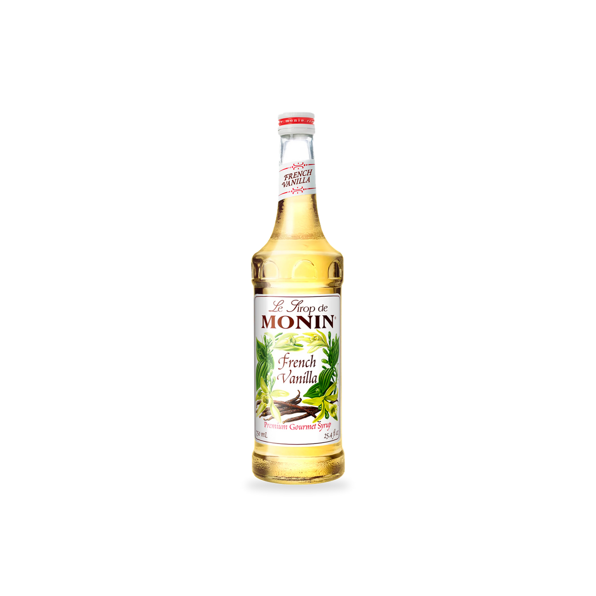Monin French Vanilla syrup 750 mL bottle on a transparent background with a subtle base shadow