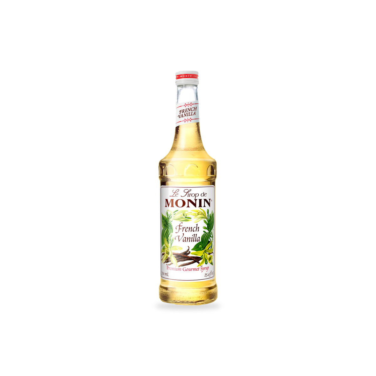 Monin French Vanilla syrup 750 mL bottle on a transparent background with a subtle base shadow