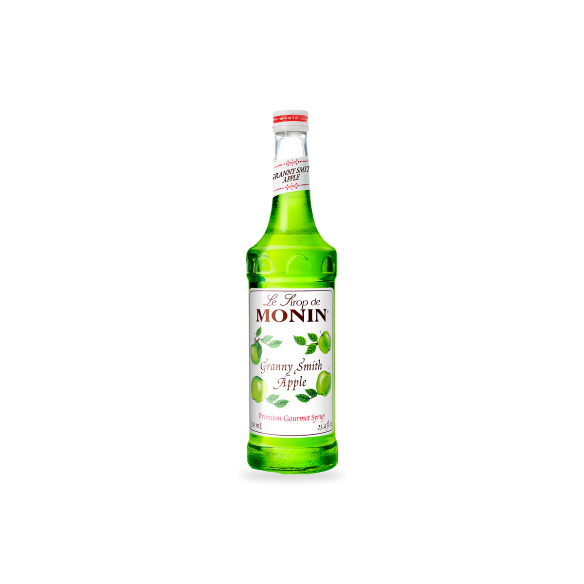 Monin Granny Smith Apple syrup 750 mL bottle on a transparent background with a subtle base shadow