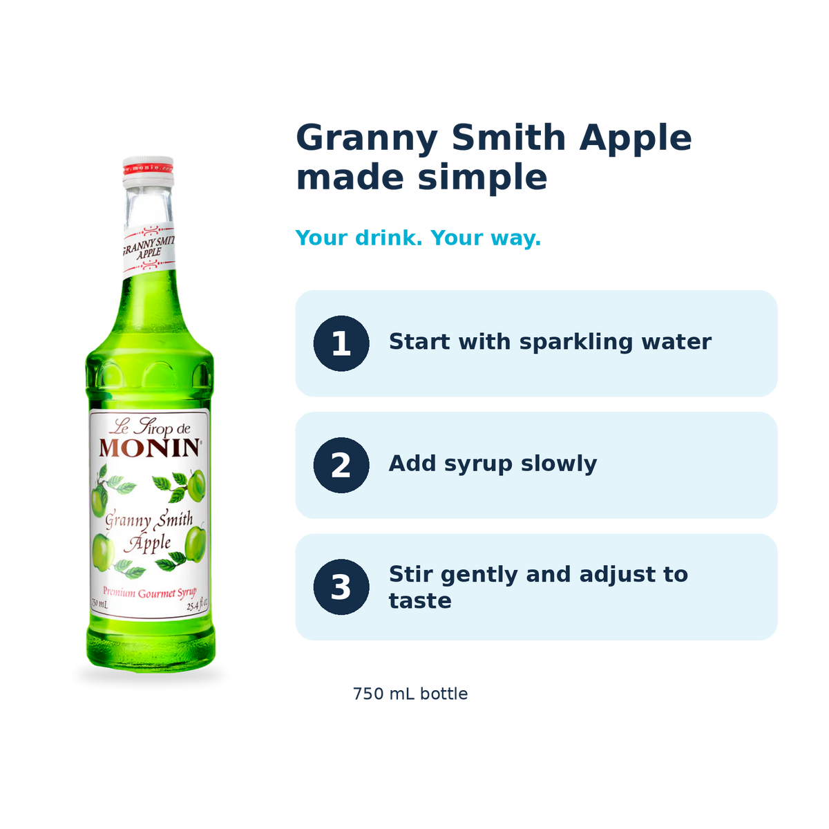 Monin Granny Smith Apple syrup: start with sparkling water, add syrup slowly, stir gently and adjust to taste