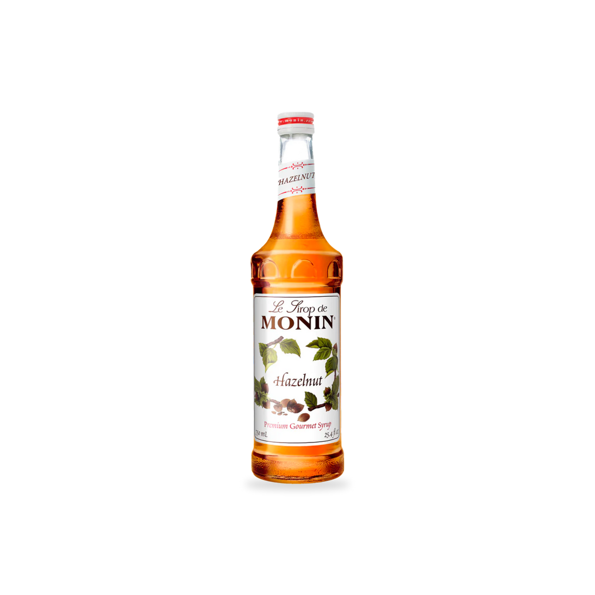 Monin Hazelnut syrup 750 mL bottle on a transparent background with a subtle base shadow