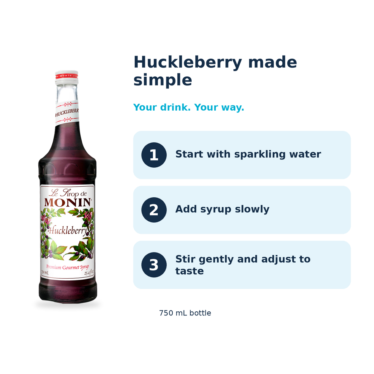Monin Huckleberry syrup: start with sparkling water, add syrup slowly, stir gently and adjust to taste