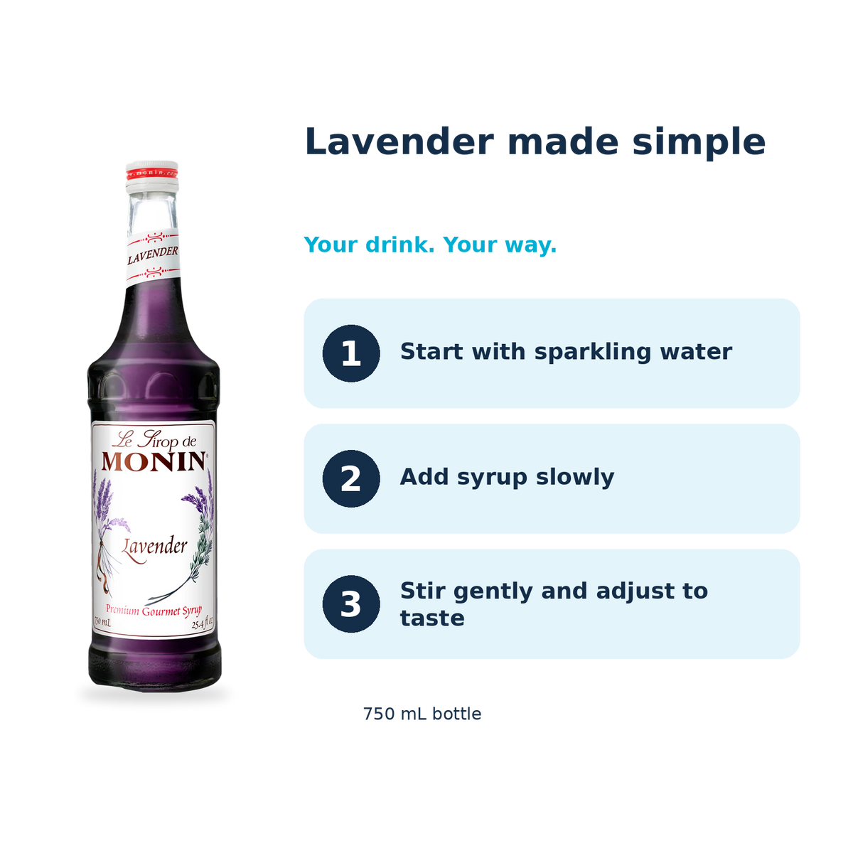 Monin Lavender syrup: start with sparkling water, add syrup slowly, stir gently and adjust to taste