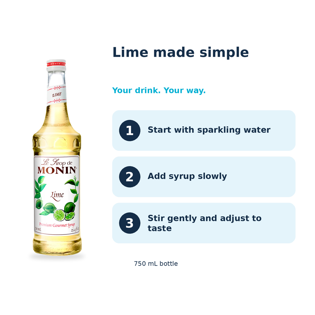 Monin Lime syrup: start with sparkling water, add syrup slowly, stir gently and adjust to taste