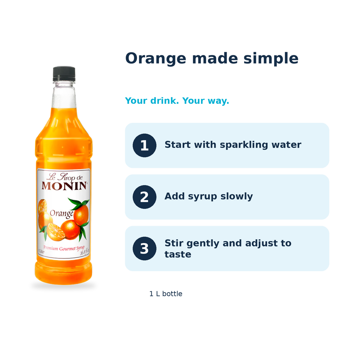 Monin Orange syrup: start with sparkling water, add syrup slowly, stir gently and adjust to taste