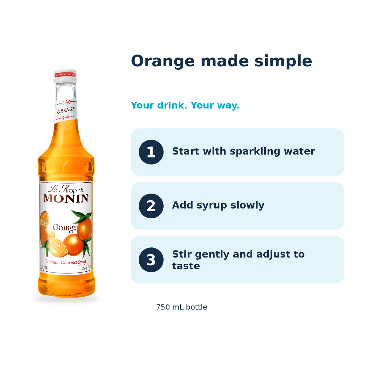 Monin Orange syrup: start with sparkling water, add syrup slowly, stir gently and adjust to taste