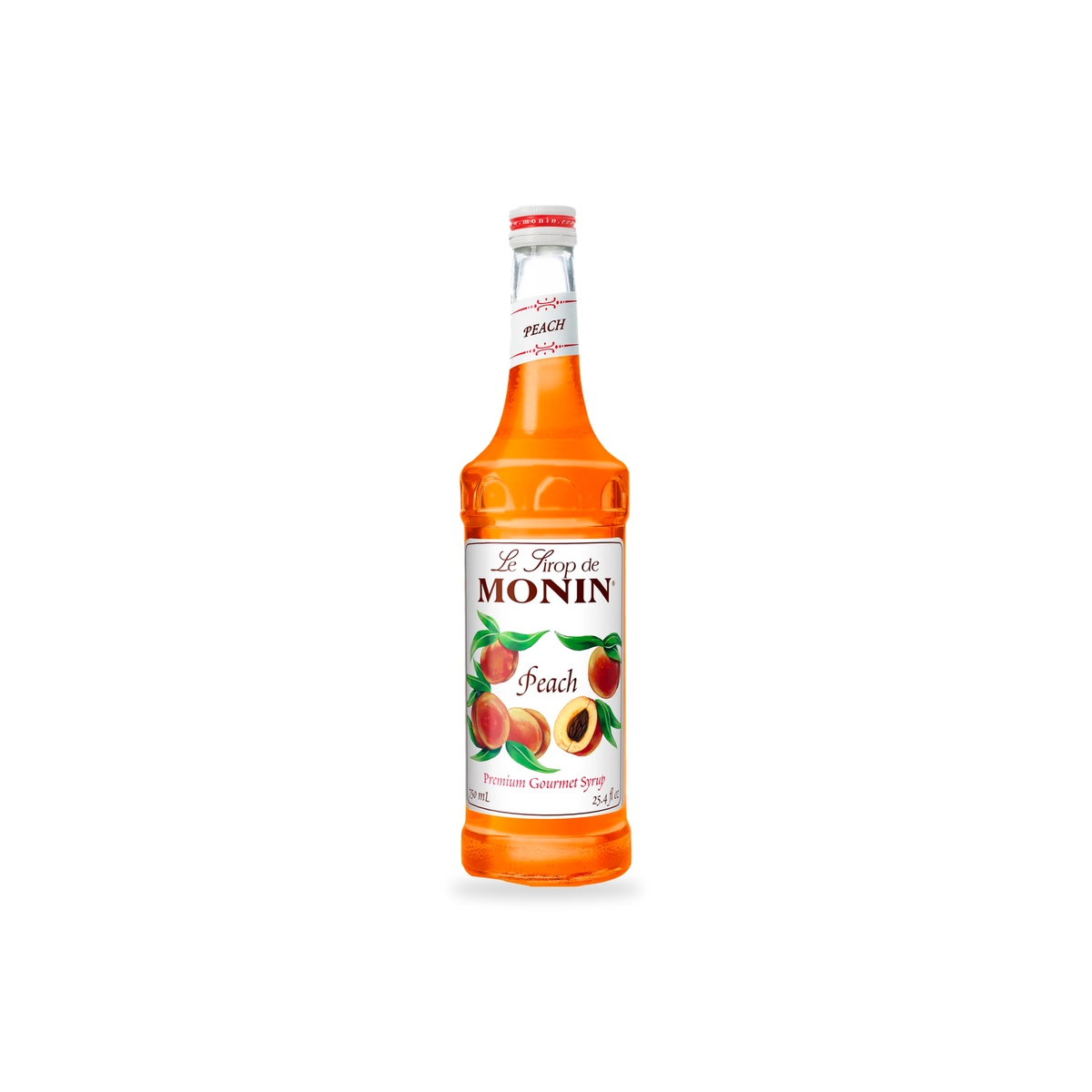 Monin Peach syrup 750 mL bottle on a transparent background with a subtle base shadow