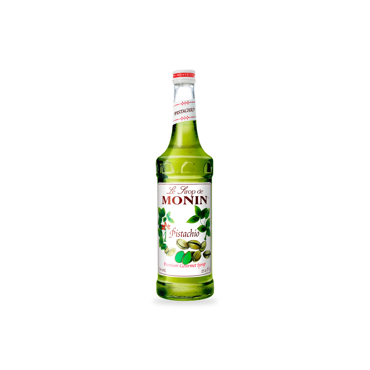 Monin Pistachio syrup 750 mL bottle on a transparent background with a subtle base shadow