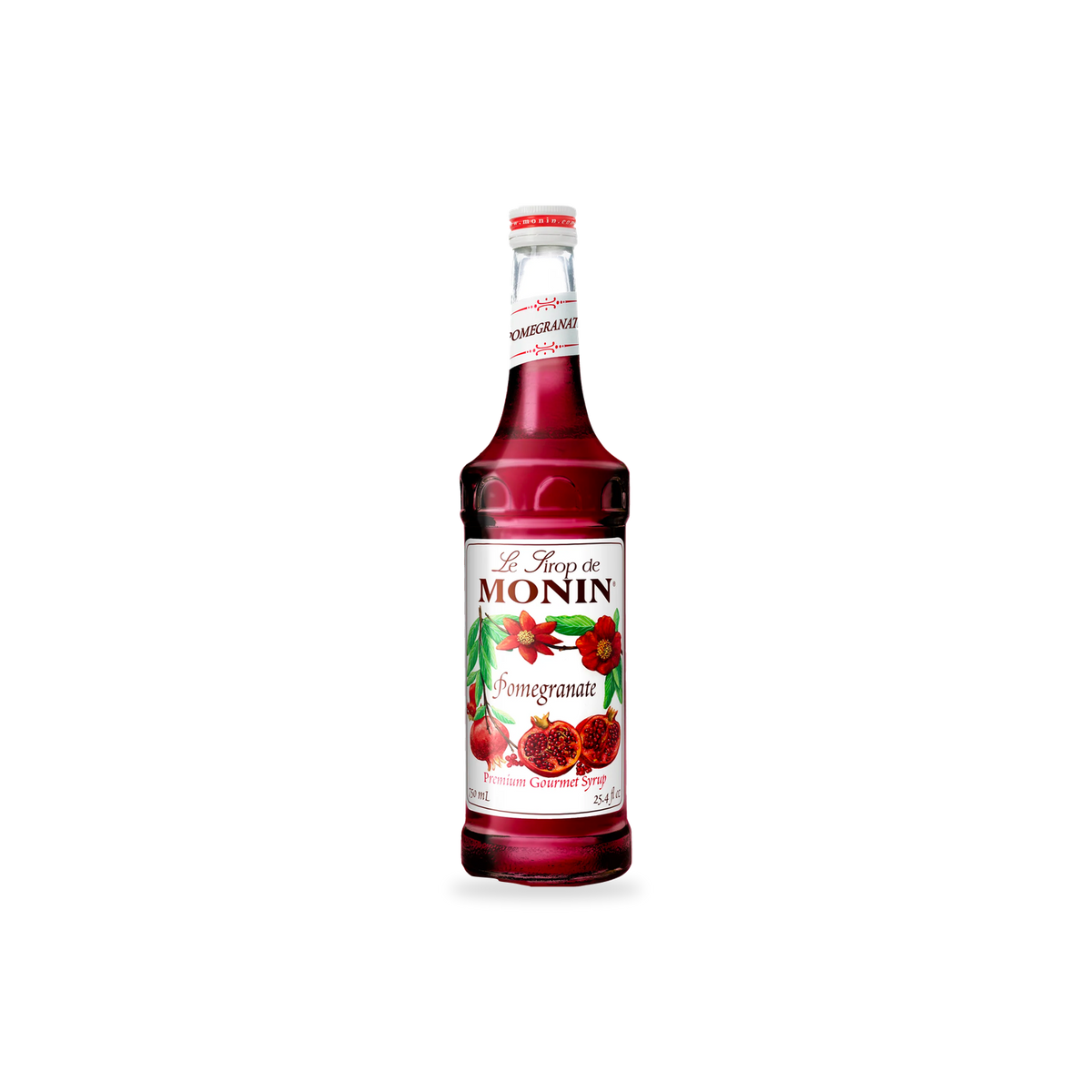 Monin Pomegranate syrup 750 mL bottle on a transparent background with a subtle base shadow