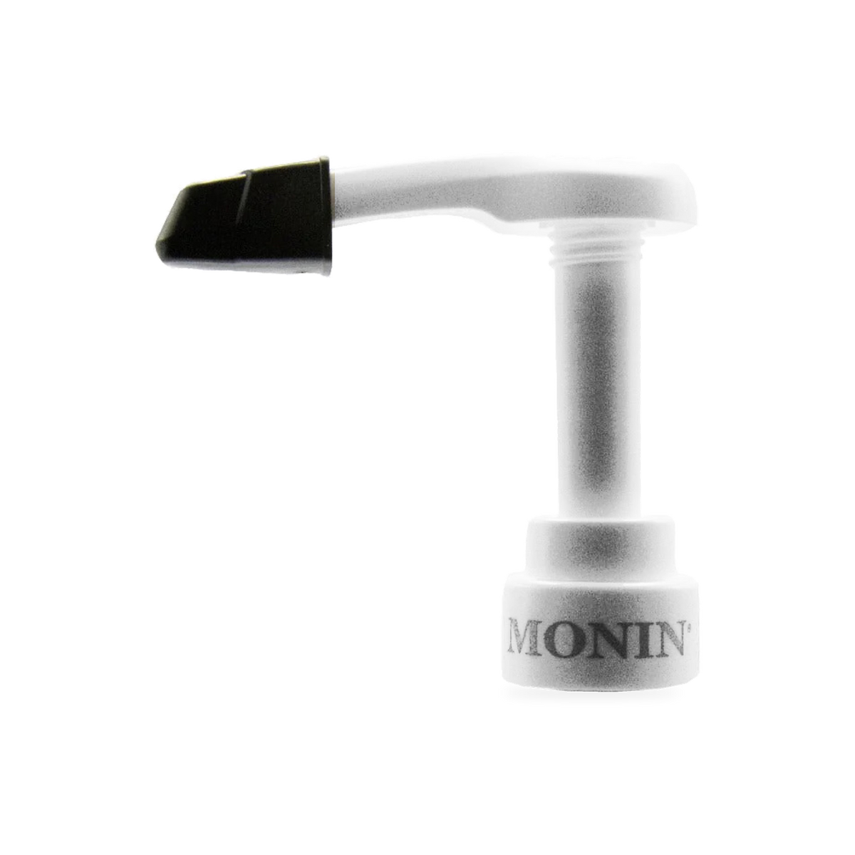 Close-up of the actual Monin 1 L plastic-bottle pump head, with black tip cover and Monin-logo collar, on a transparent background