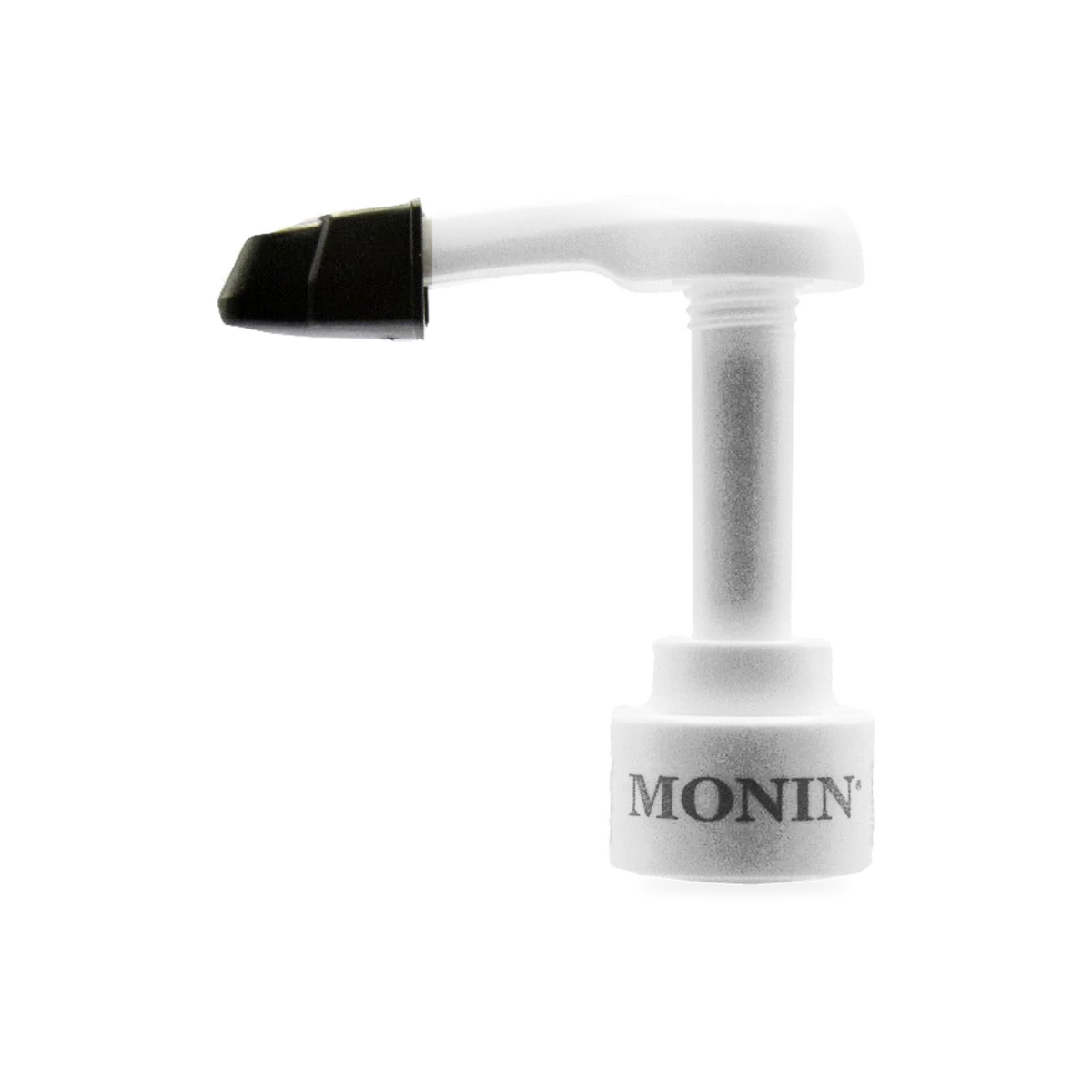 Close-up of the actual Monin 750 mL glass-bottle pump head, with black tip cover and Monin-logo collar, on a transparent background