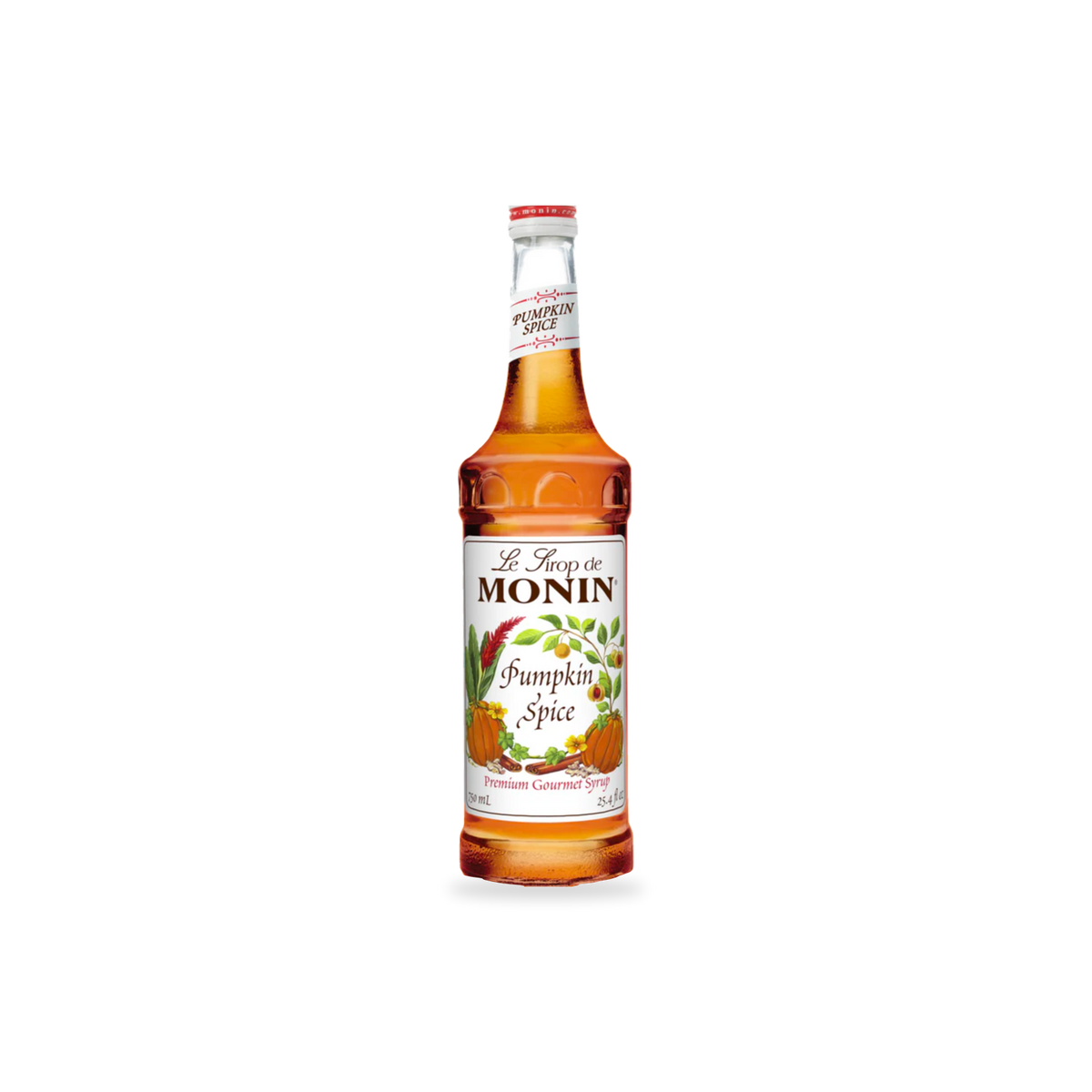Monin Pumpkin Spice syrup 750 mL bottle on a transparent background with a subtle base shadow