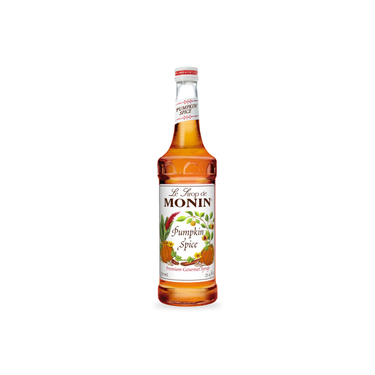 Monin Pumpkin Spice syrup 750 mL bottle on a transparent background with a subtle base shadow