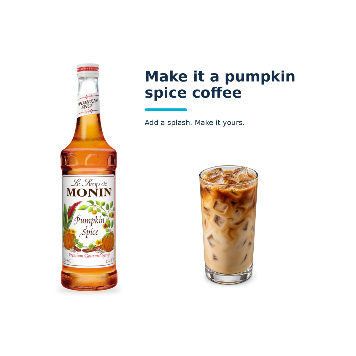 Monin Pumpkin Spice syrup with a serving illustration