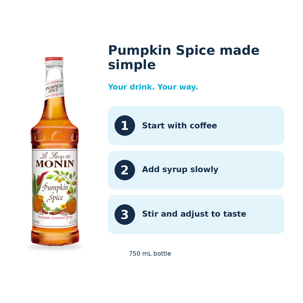 Monin Pumpkin Spice syrup: start with coffee, add syrup slowly, stir and adjust to taste