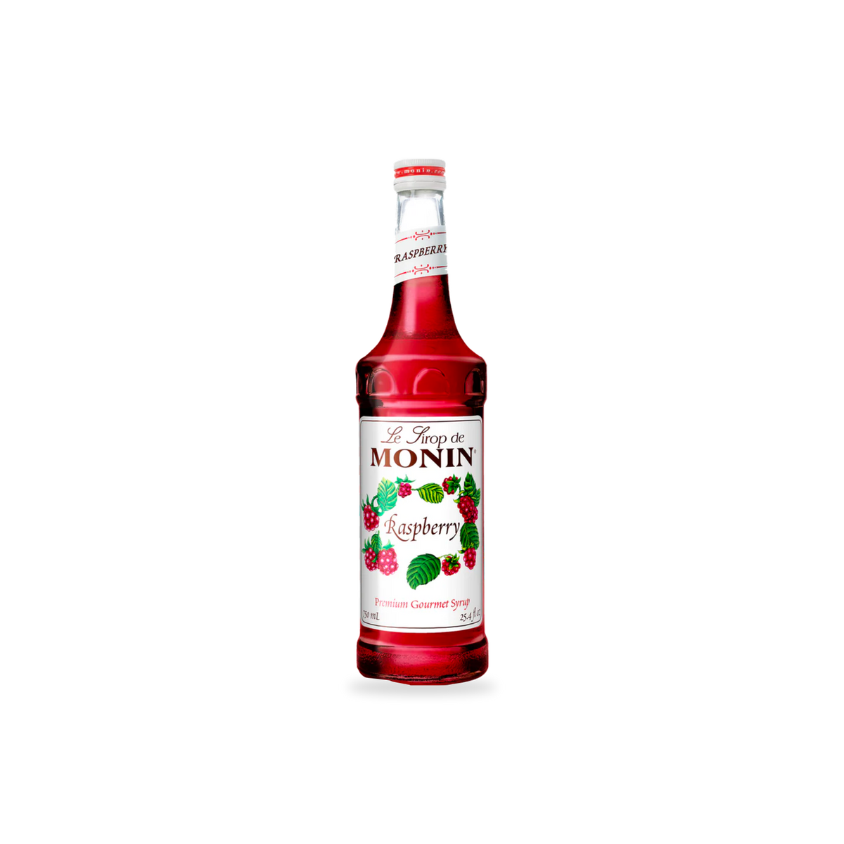 Monin Raspberry syrup 750 mL bottle on a transparent background with a subtle base shadow