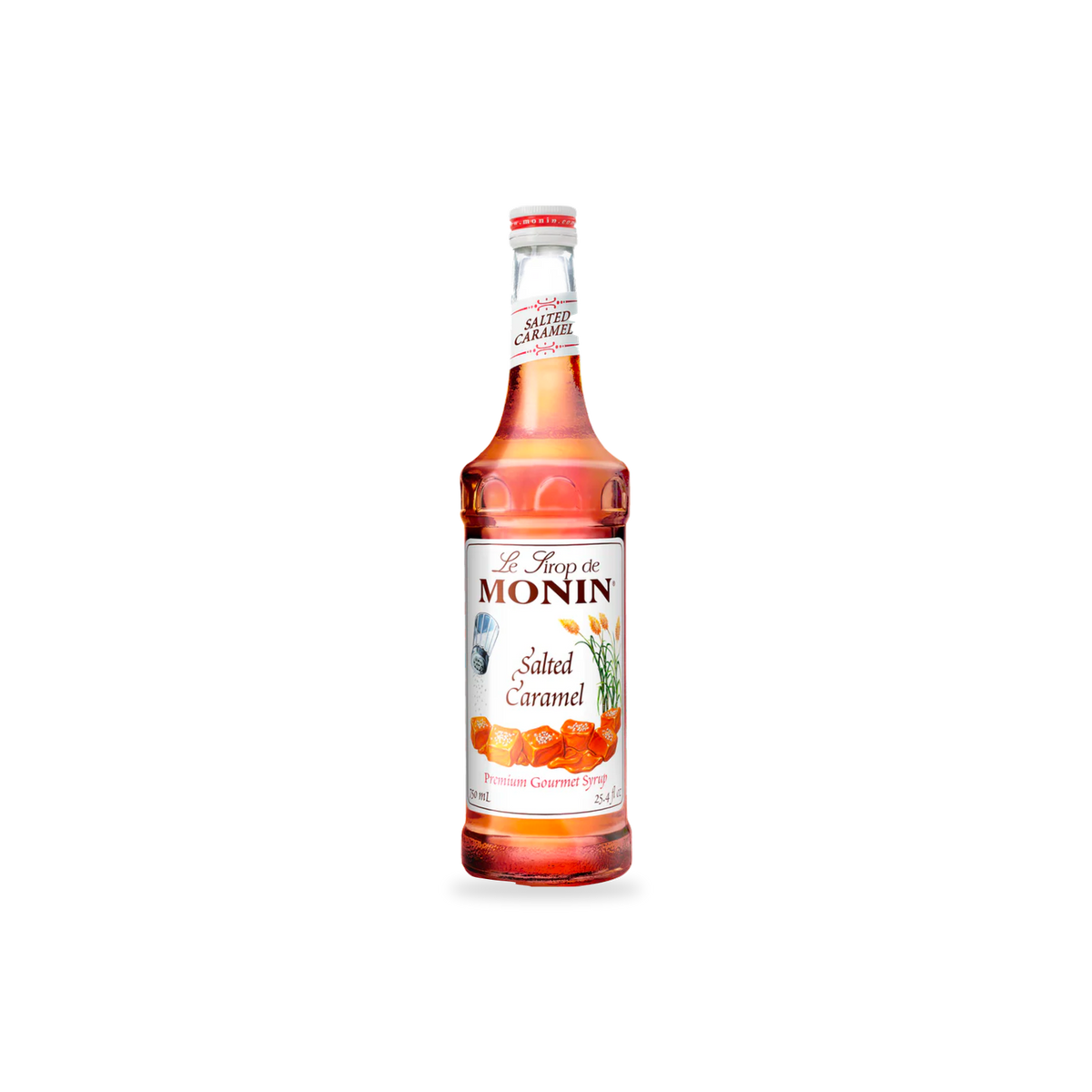 Monin Salted Caramel syrup 750 mL bottle on a transparent background with a subtle base shadow
