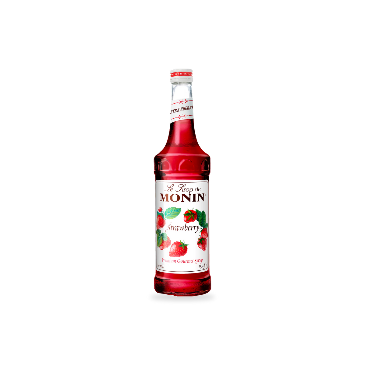 Monin Strawberry syrup 750 mL bottle on a transparent background with a subtle base shadow