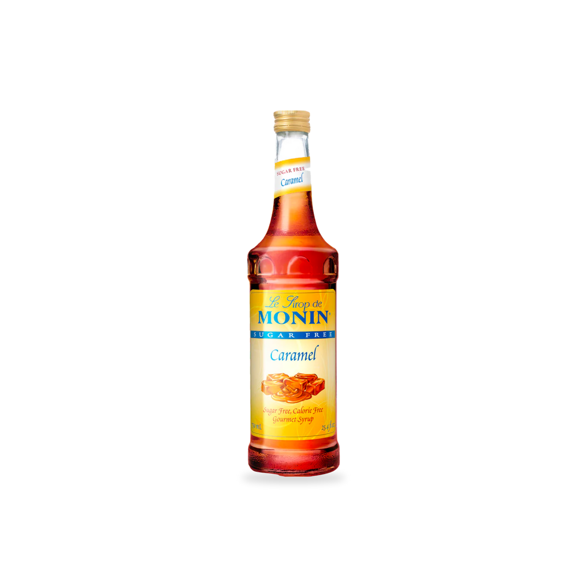 Monin Sugar Free Caramel syrup 750 mL bottle on a transparent background with a subtle base shadow