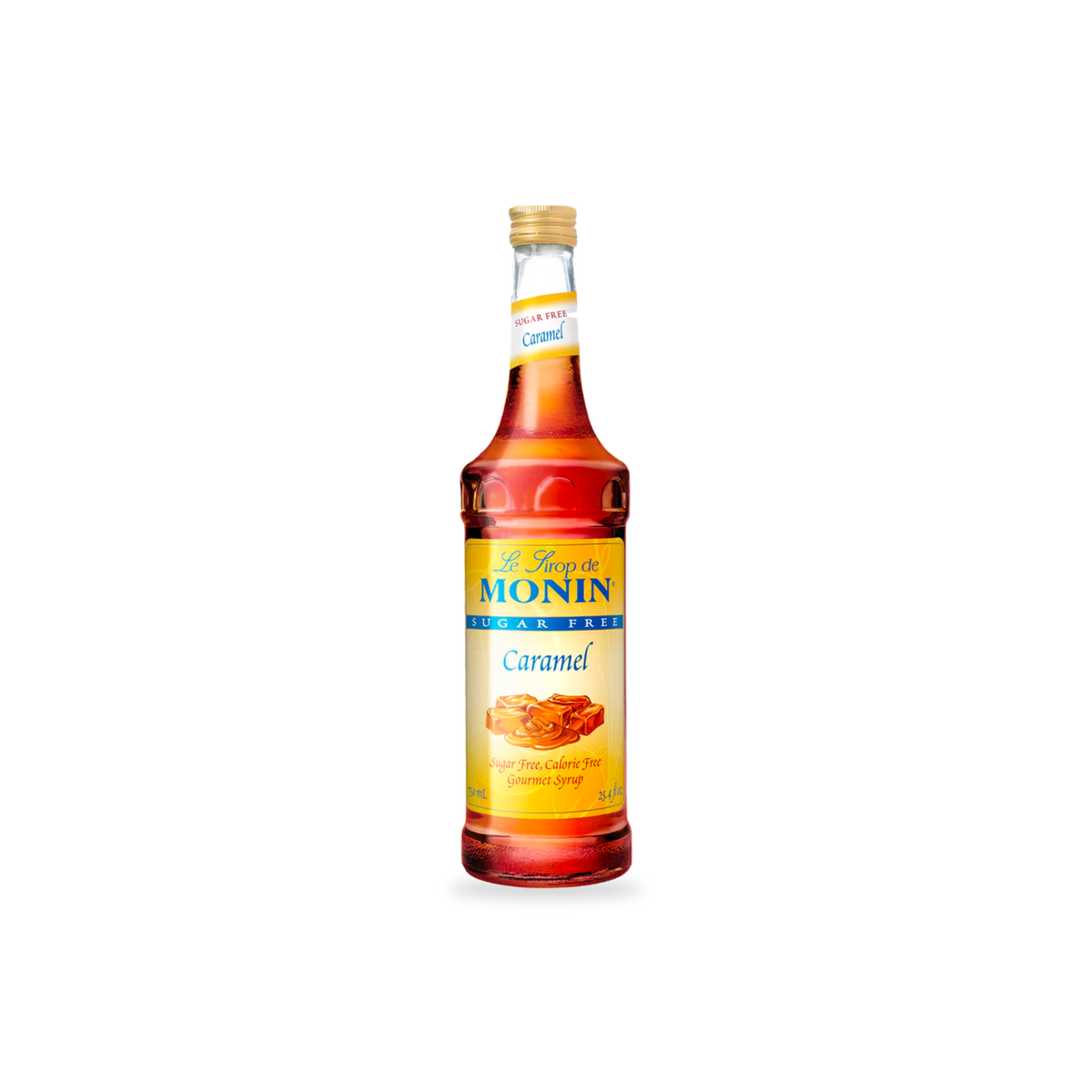 Monin Sugar Free Caramel syrup 750 mL bottle on a transparent background with a subtle base shadow