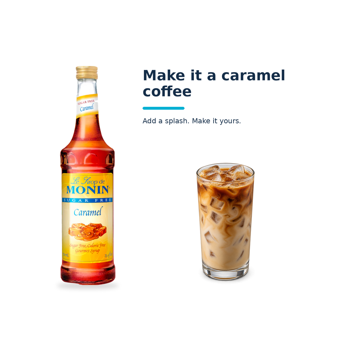 Monin Sugar Free Caramel syrup with a serving illustration