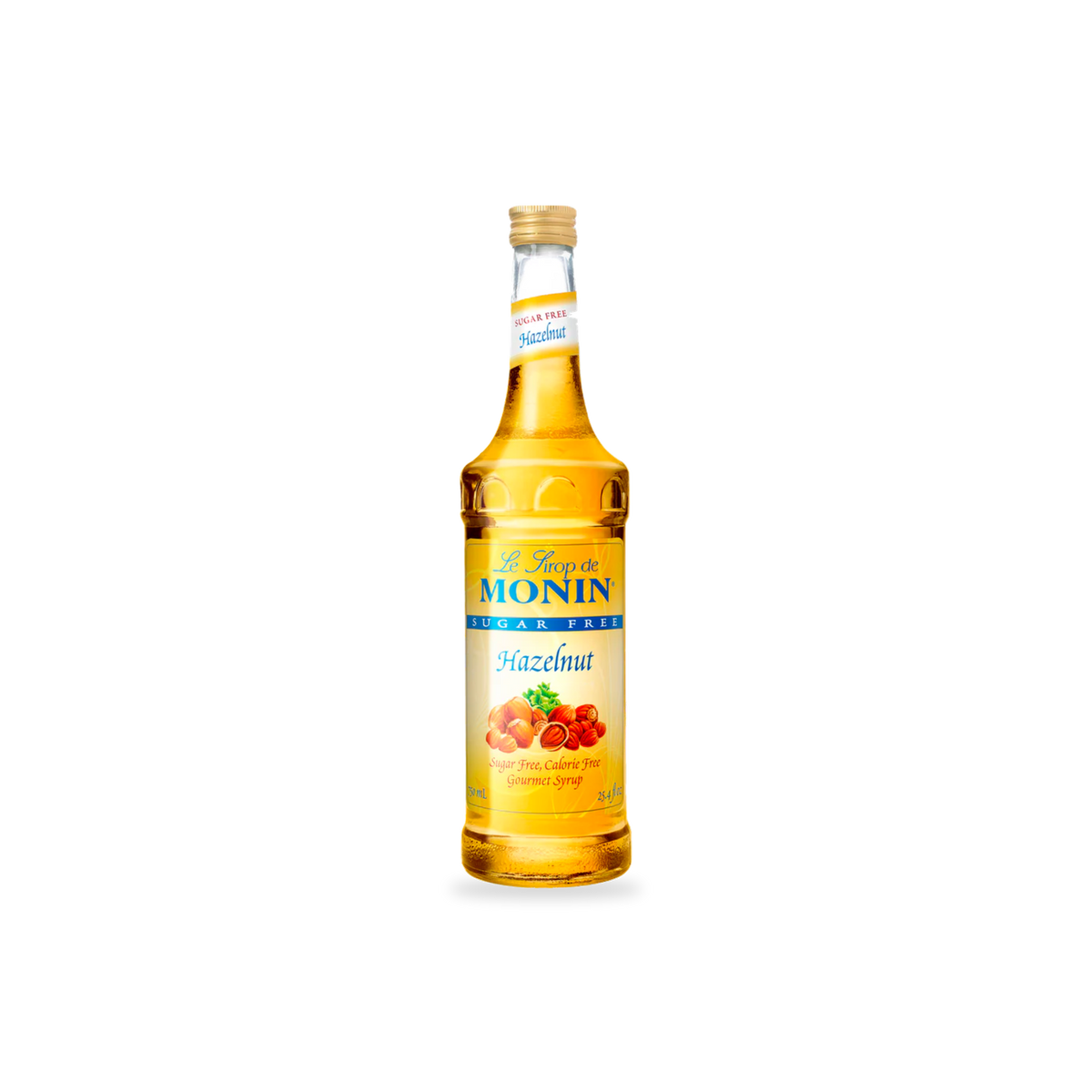 Monin Sugar Free Hazelnut syrup 750 mL bottle on a transparent background with a subtle base shadow