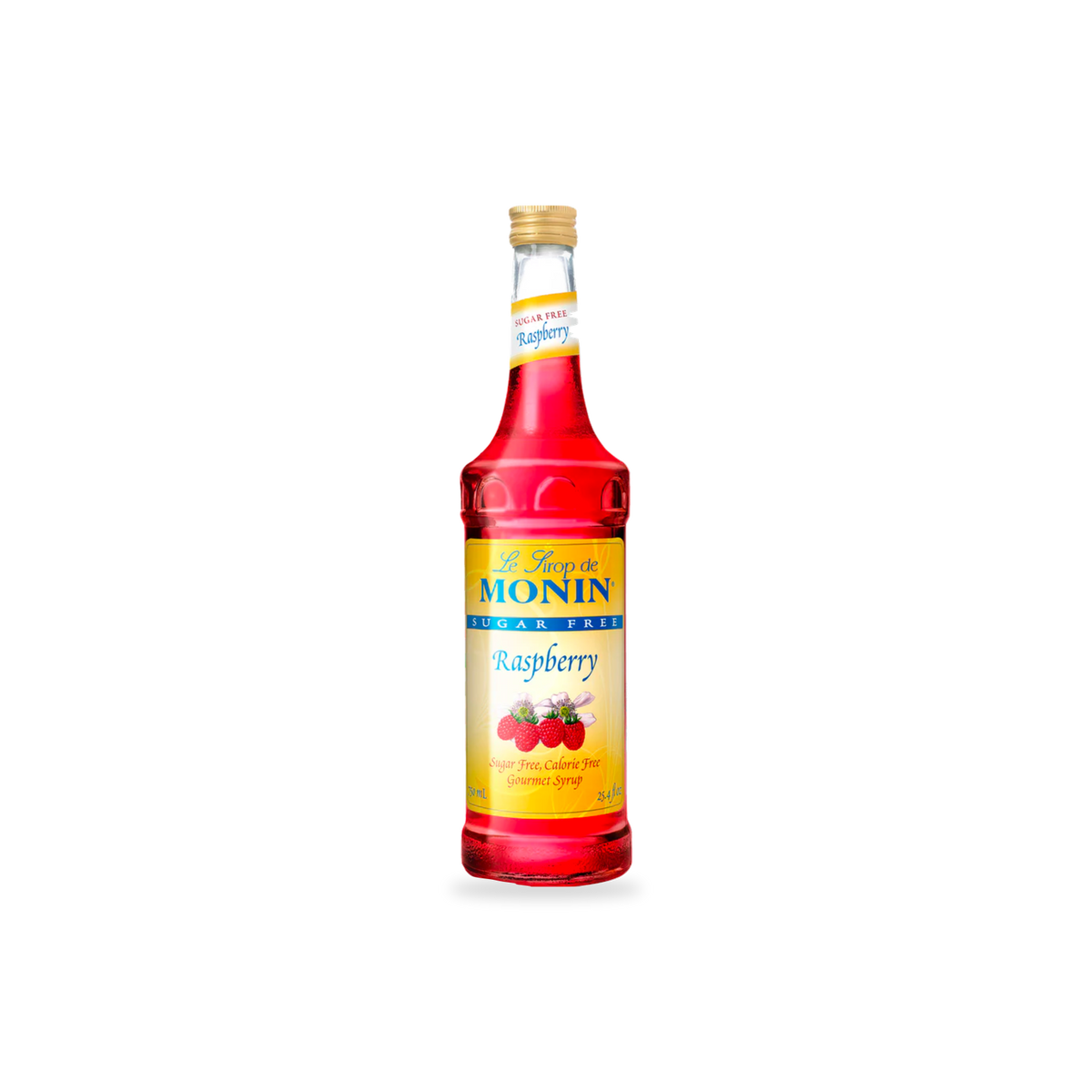 Monin Sugar Free Raspberry syrup 750 mL bottle on a transparent background with a subtle base shadow