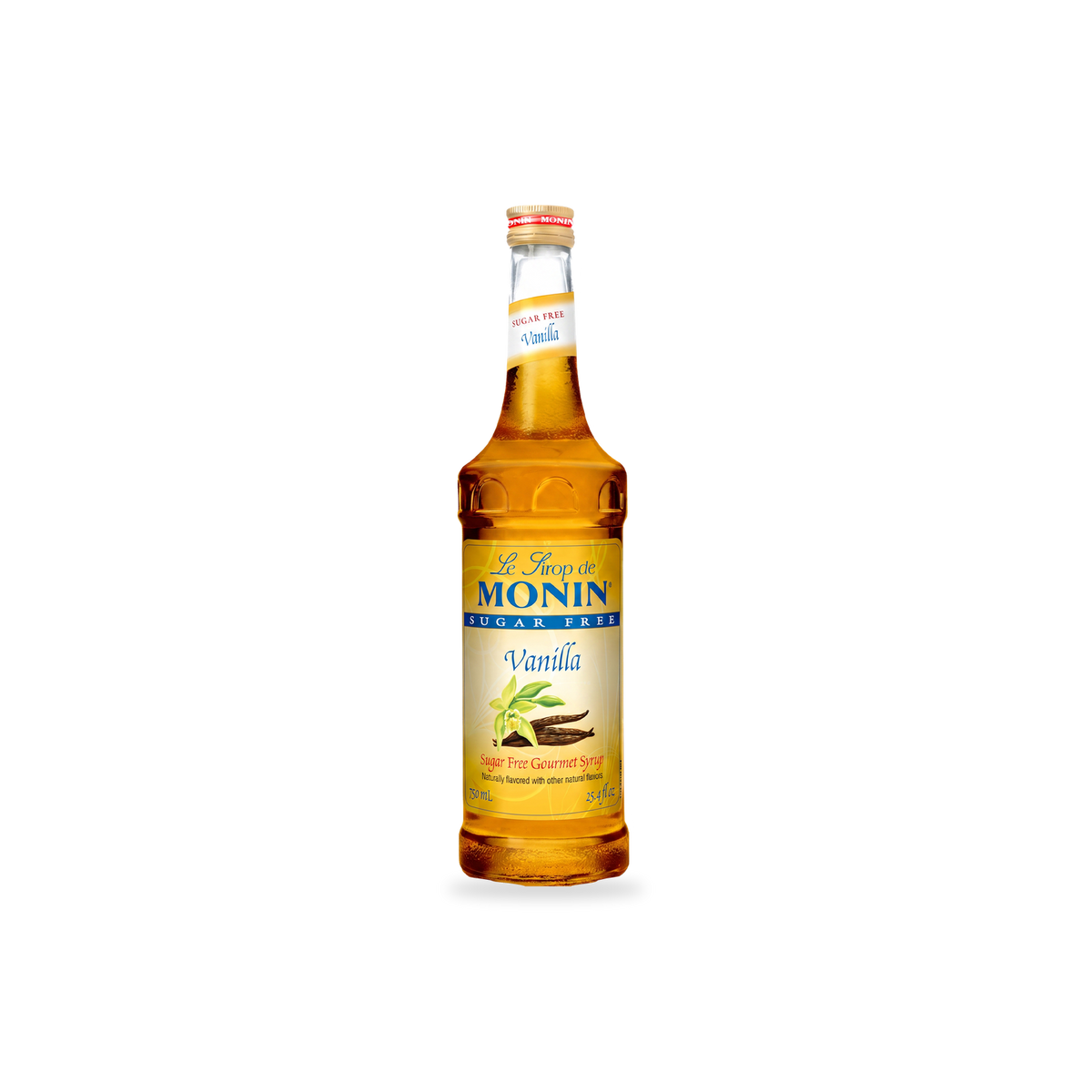 Monin Sugar Free Vanilla syrup 750 mL bottle on a transparent background with a subtle base shadow
