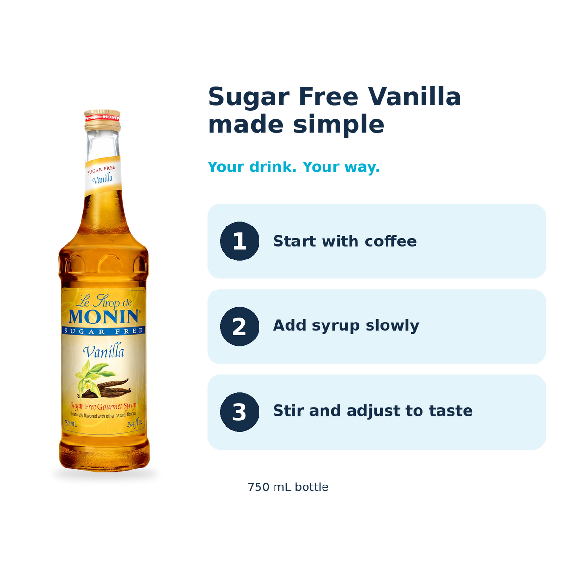 Monin Sugar Free Vanilla syrup: start with coffee, add syrup slowly, stir and adjust to taste