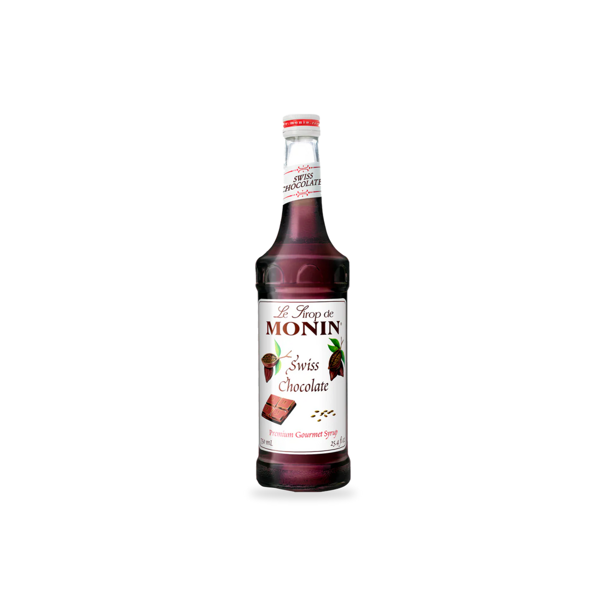 Monin Swiss Chocolate syrup 750 mL bottle on a transparent background with a subtle base shadow