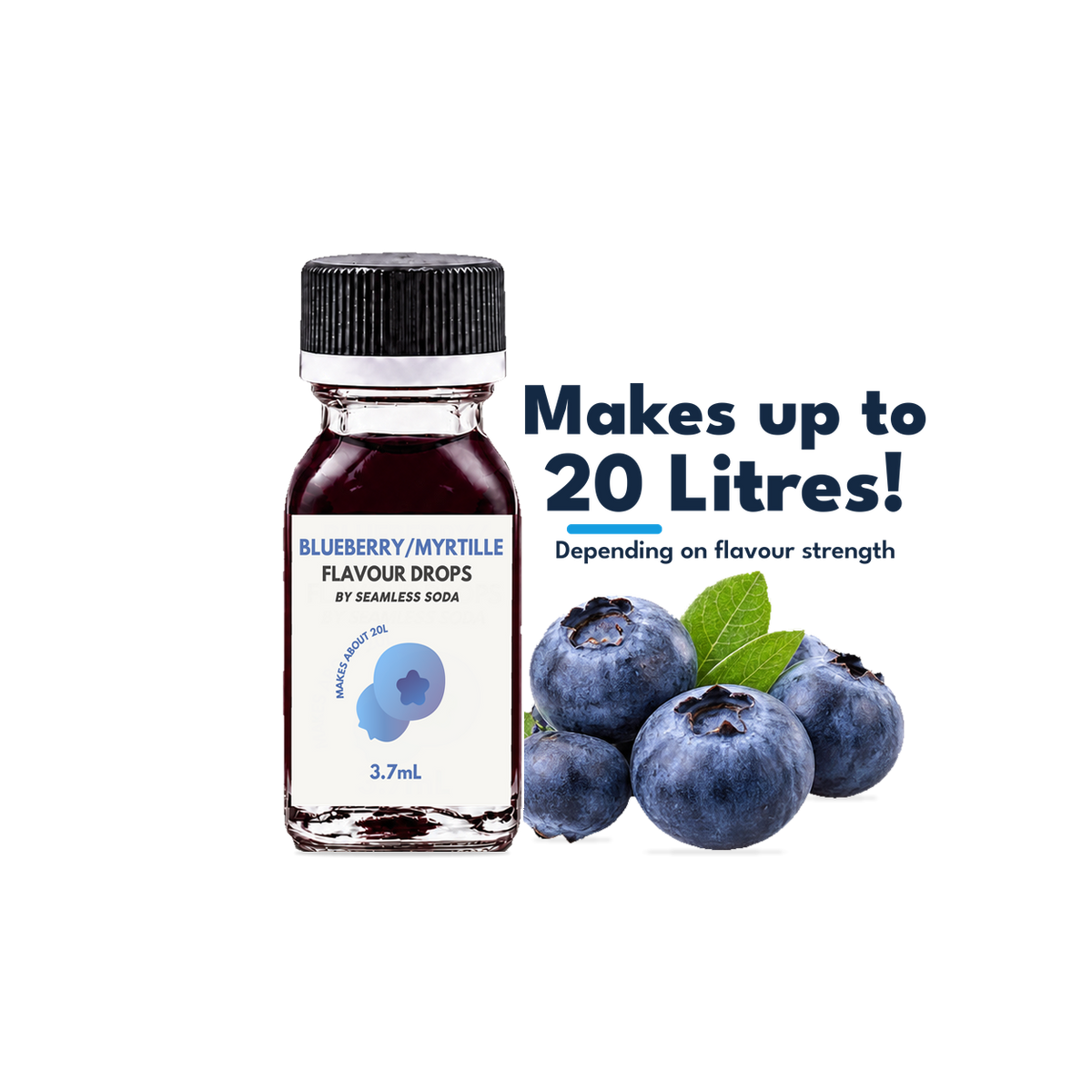 Seamless Soda blueberry flavour drops 3.7 mL bottle with blueberry flavour illustration. Makes up to 20 litres, depending on flavour strength.