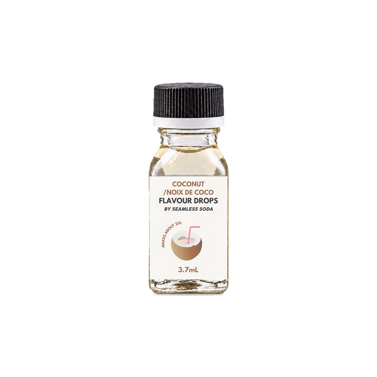 Seamless Soda Coconut Flavour Drops, 3.7 mL square glass bottle with original white label, black cap and white seal