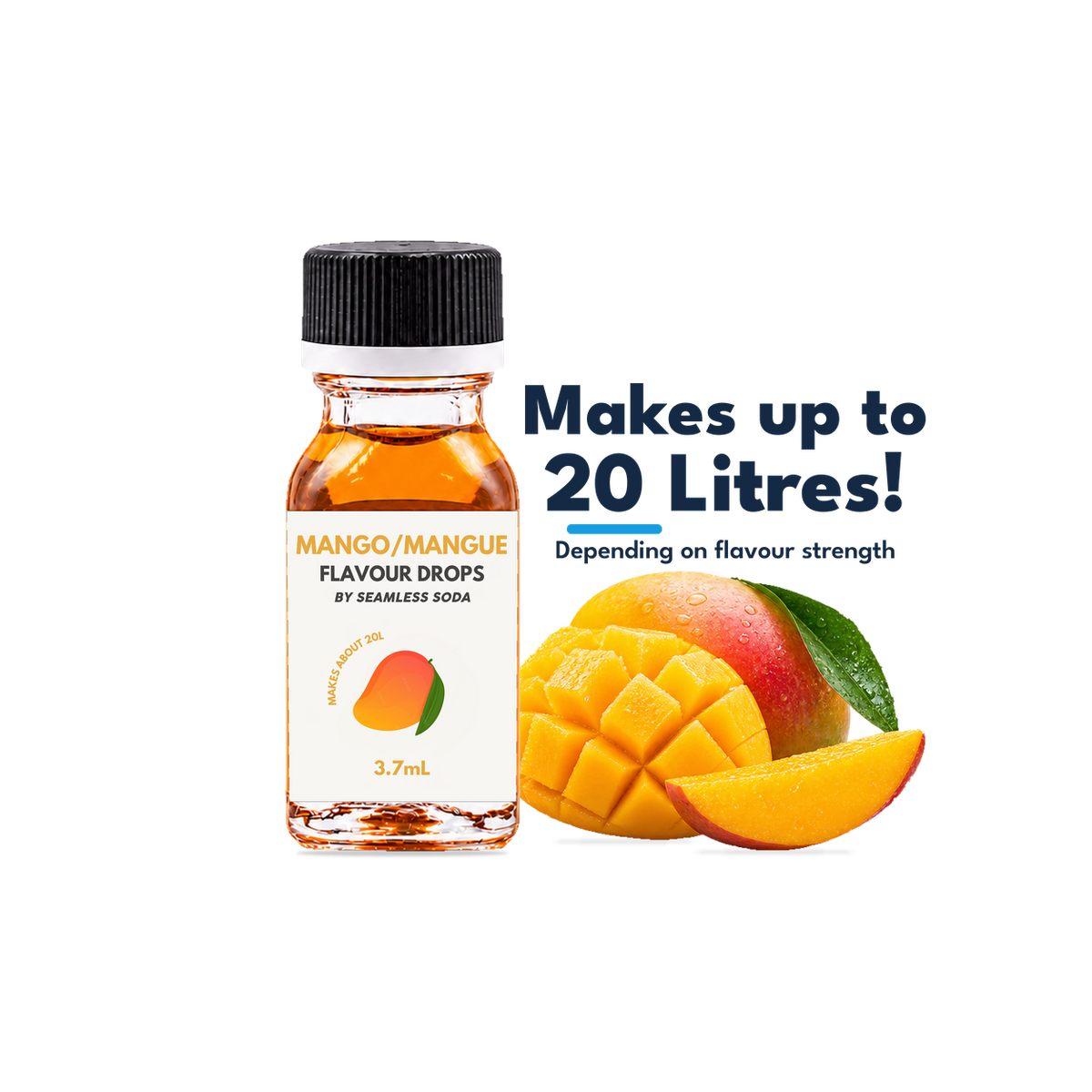 Seamless Soda mango flavour drops 3.7 mL bottle with mango flavour illustration. Makes up to 20 litres, depending on flavour strength.