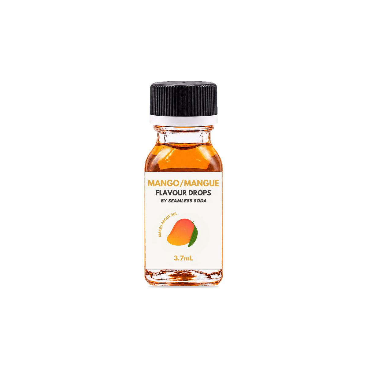 Seamless Soda Mango Flavour Drops, 3.7 mL square glass bottle with original white label, black cap and white seal
