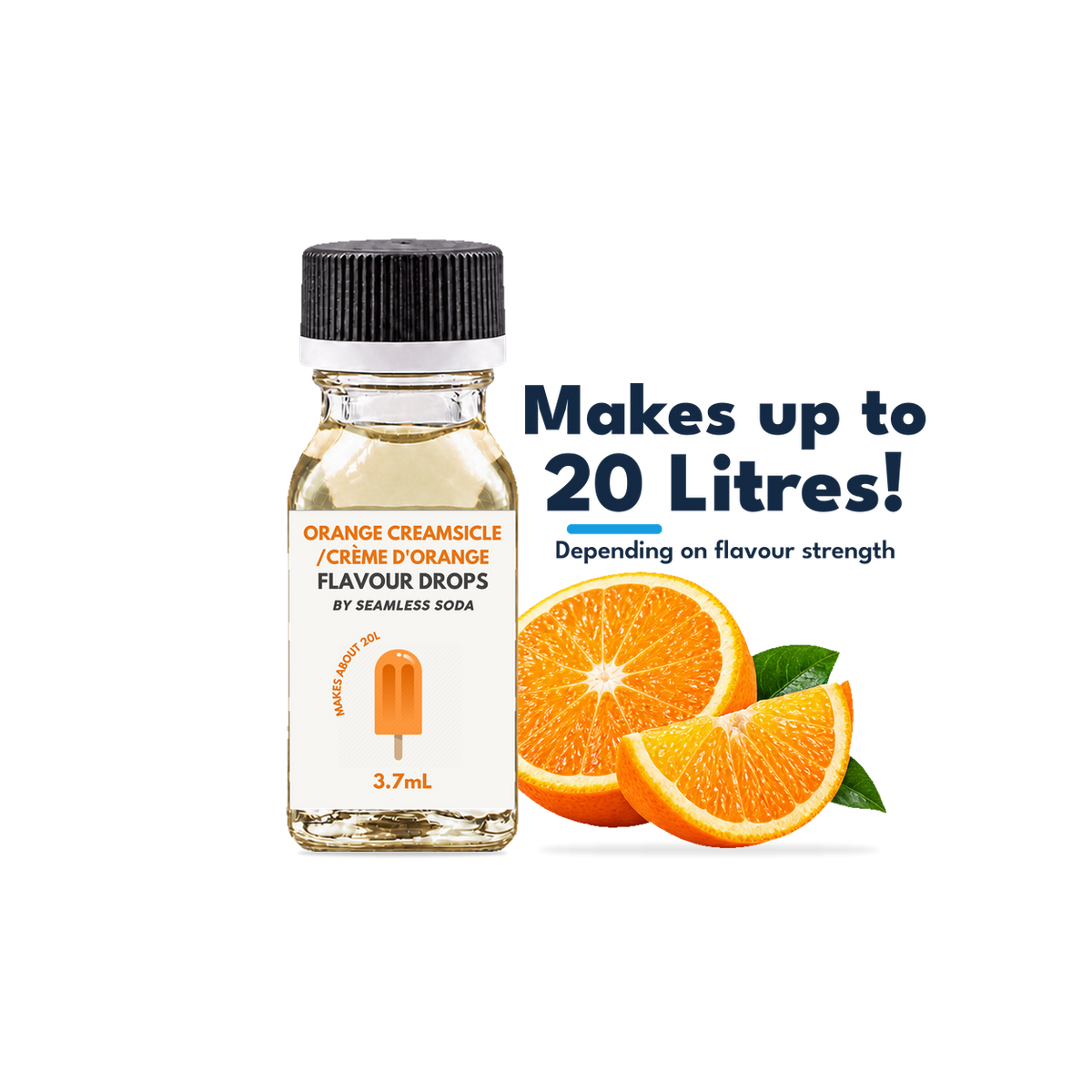 Seamless Soda Orange Cream Flavour Drops, 3.7 mL white-label bottle with fruit