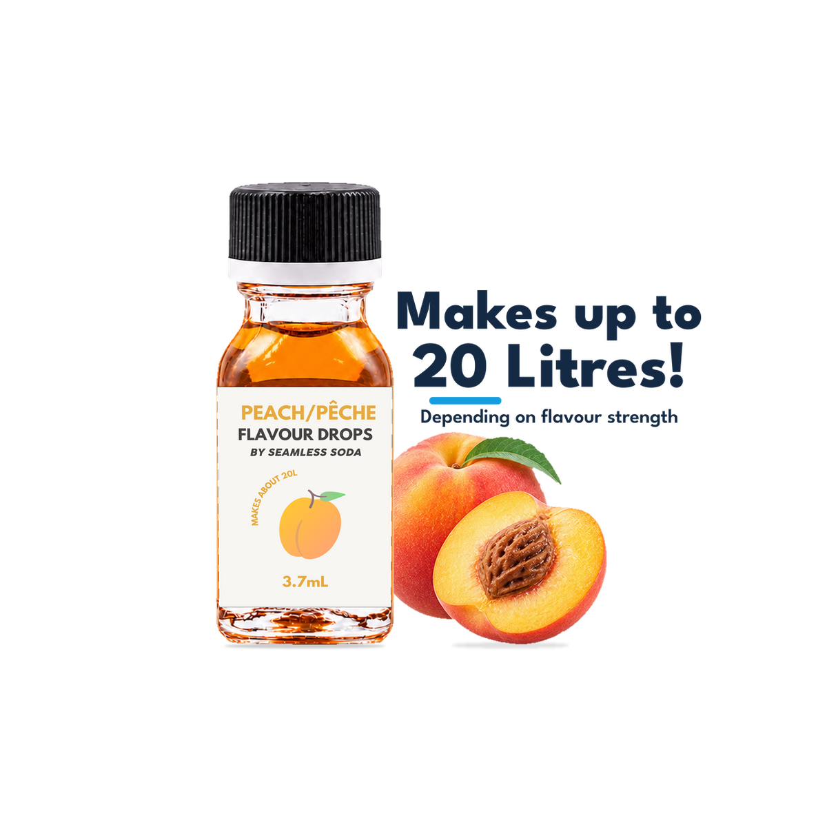 Seamless Soda Peach Flavour Drops, 3.7 mL white-label bottle with fruit