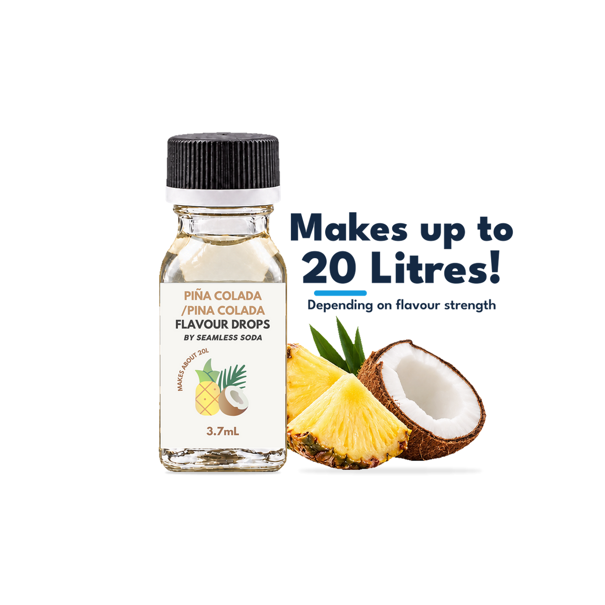 Seamless Soda Piña Colada Flavour Drops, 3.7 mL white-label bottle with fruit